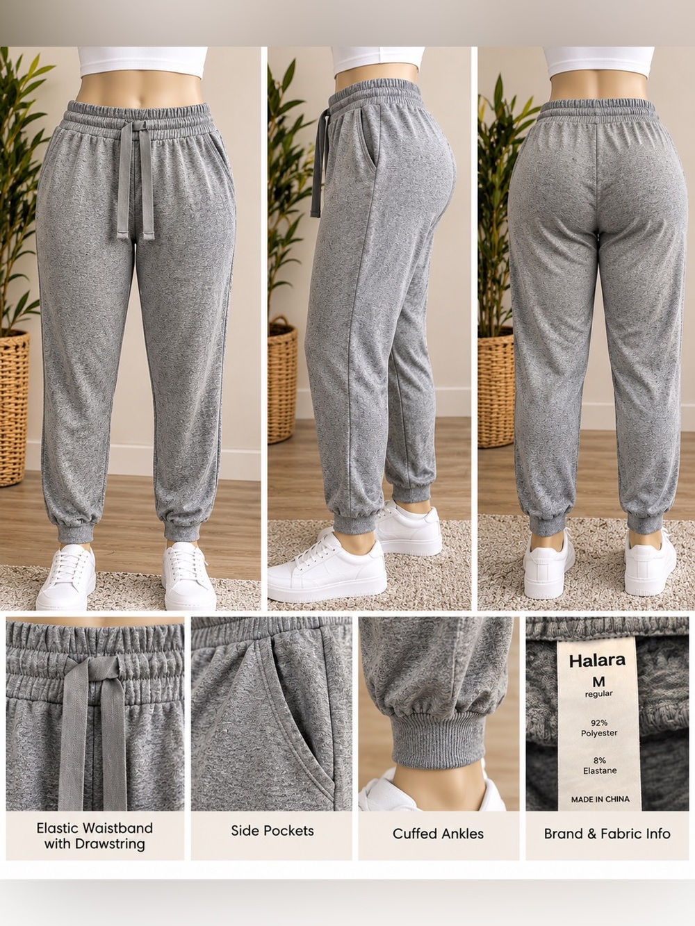 HALARA Gray Jogger Pants with Unique Back Ruching – Size M